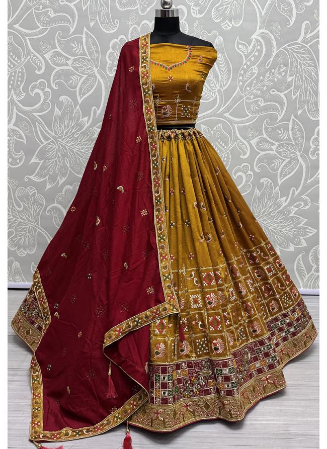 Vichitra Silk Mustard Wedding Wear Embroidery Work Lehenga Choli